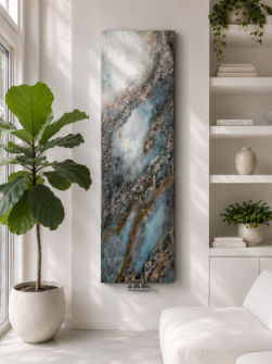 A falon egy függőleges elhelyezésű, kőhatású mintával készült Meditation Art radiátor látható króm szelepekkel.